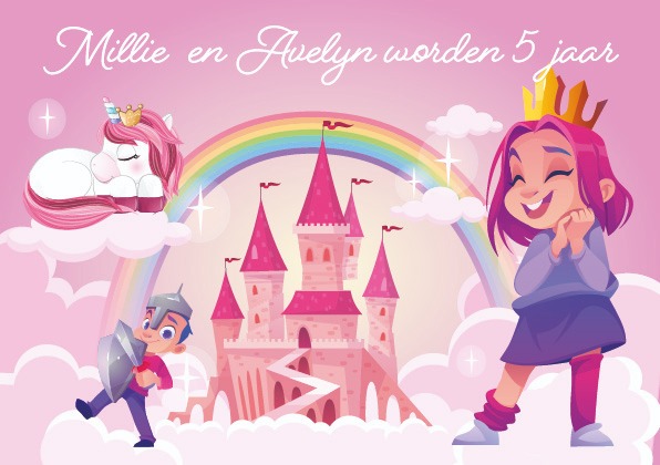 gepersonaliseerde uitnodiging voor verjaardag van meisjes met unicorns, regenboog, kasteel, prins en prinses